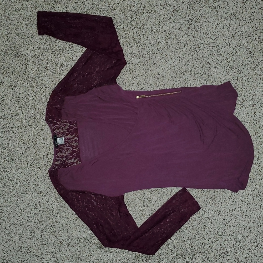 NWOT VENUS Long Sleeve Lace & Zipper Accent Purple Shirt Top